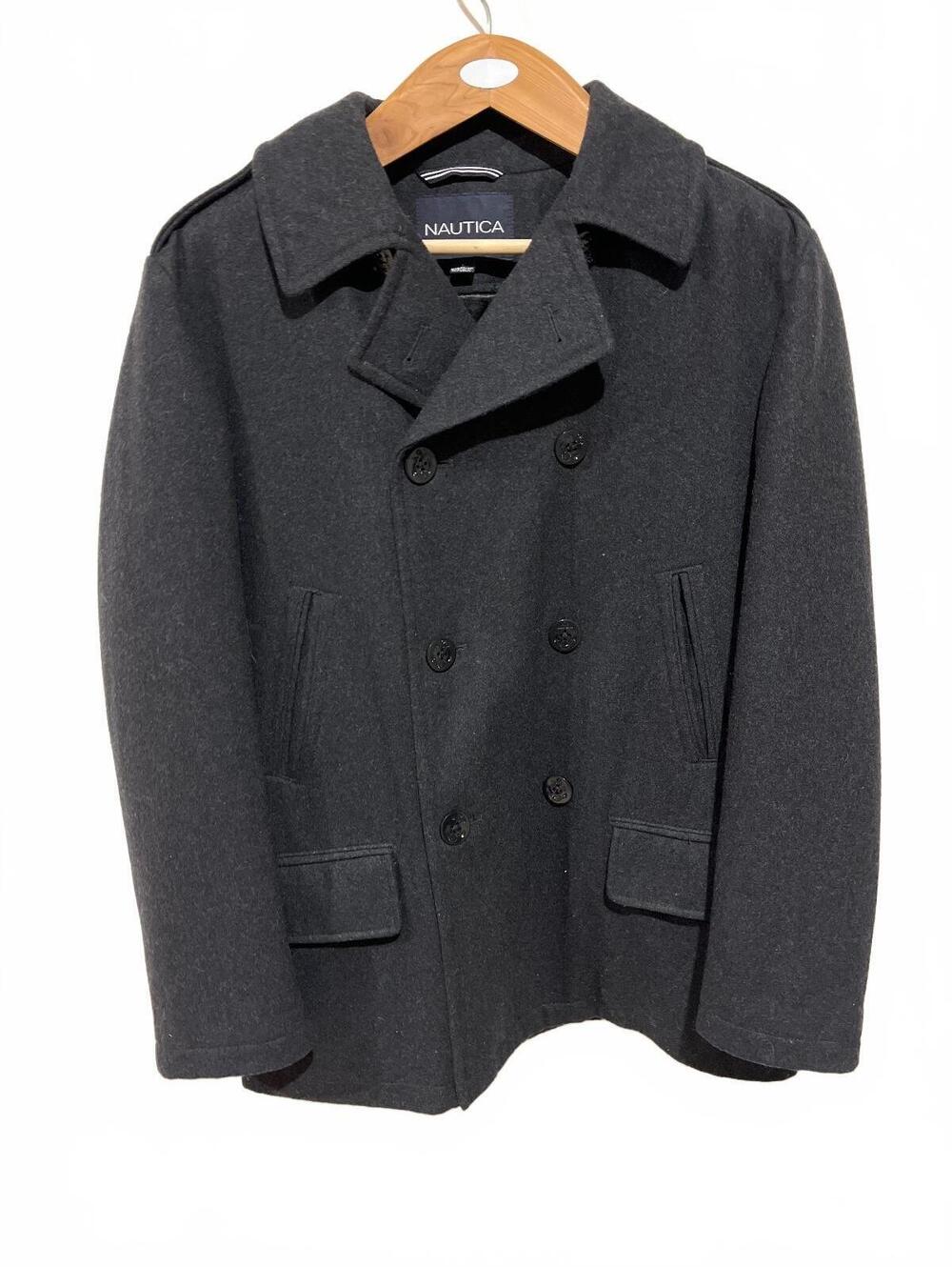 Nautica Men's Charcoal Gray Wool Blend Pea Coat Large Double Breasted Classic